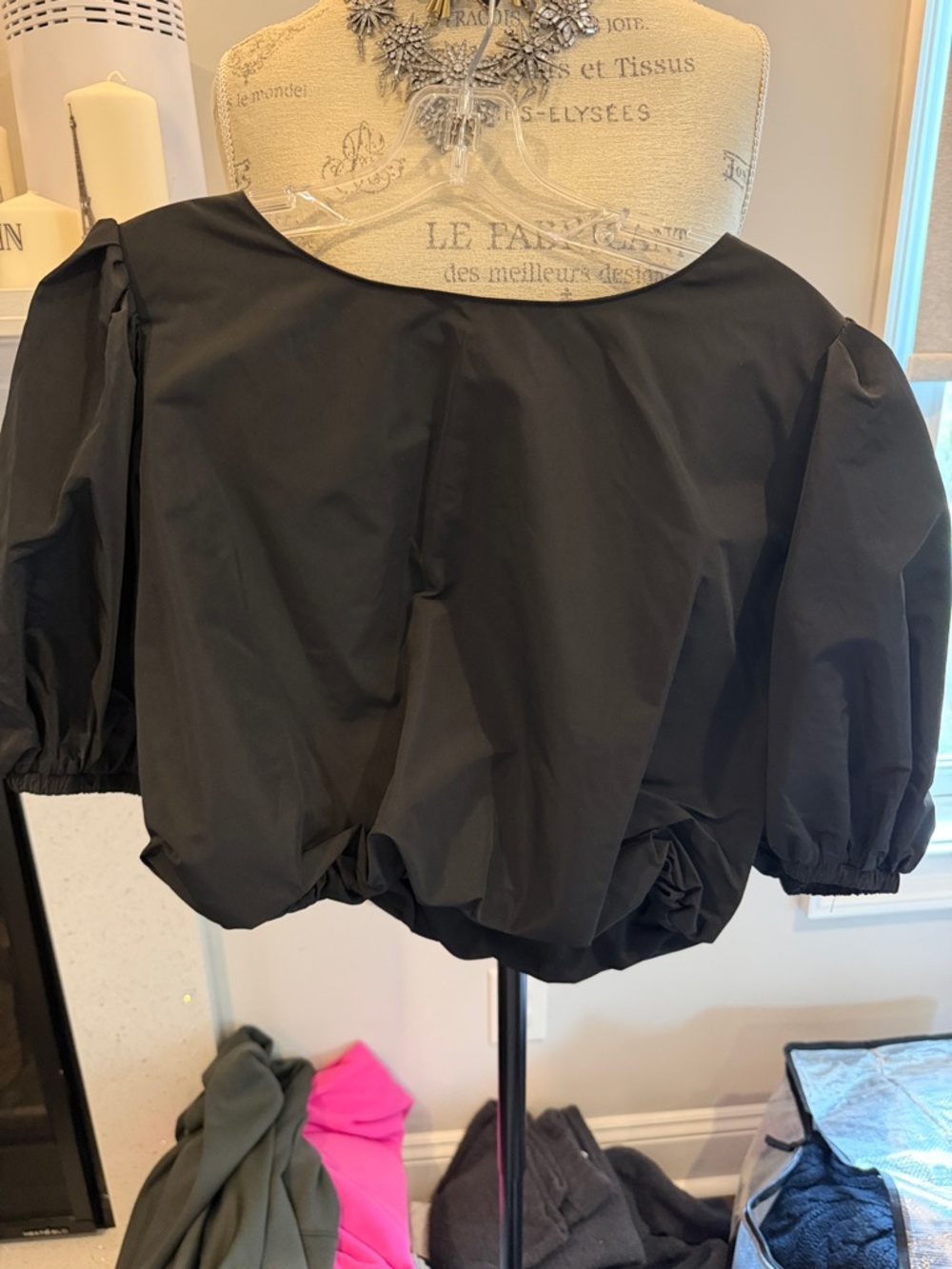 Amanda Uprichard Black Puff-Sleeve Crop Top